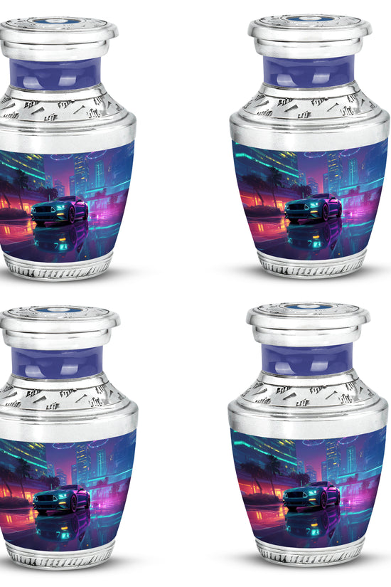 Celestial Blue Car Cremation Urn back view with polished surface - modern art-inspired car motif on sleek aluminum - 10 inch aluminum urn for cremated remains