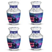 Celestial Blue Car Cremation Urn back view with polished surface - modern art-inspired car motif on sleek aluminum - 10 inch aluminum urn for cremated remains