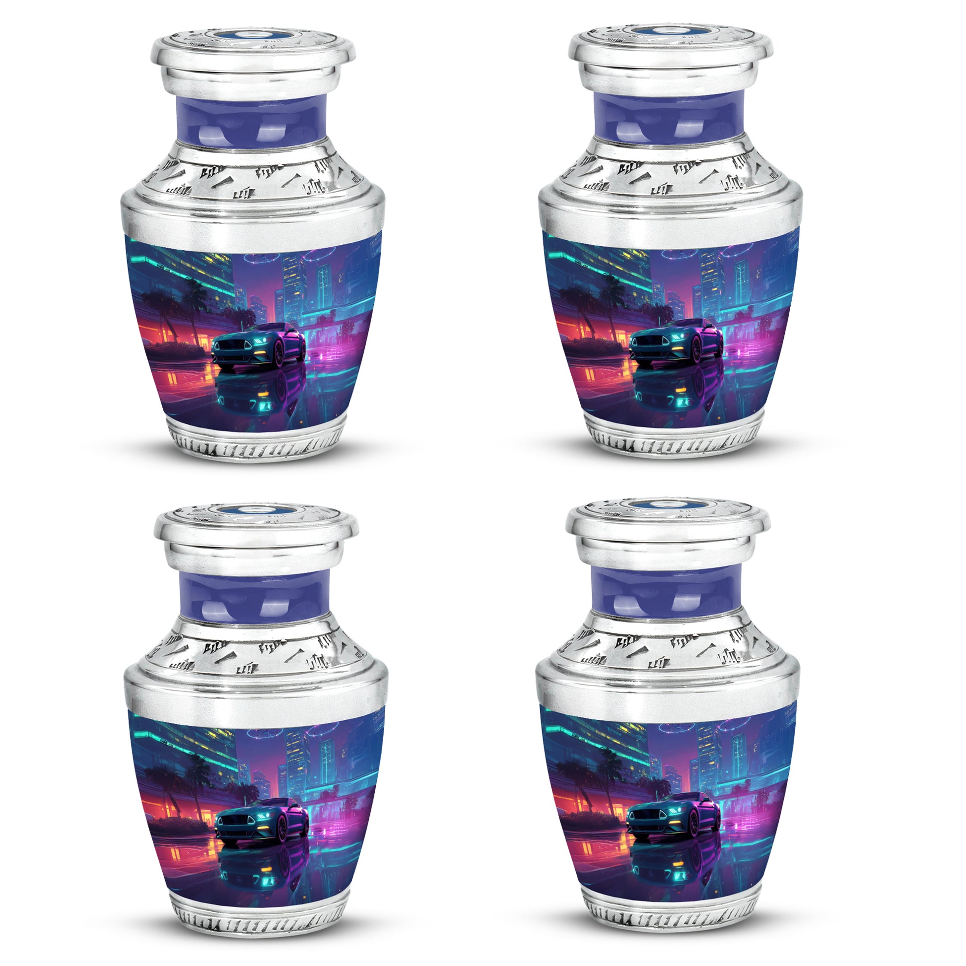 Celestial Blue Car Cremation Urn back view with polished surface - modern art-inspired car motif on sleek aluminum - 10 inch aluminum urn for cremated remains