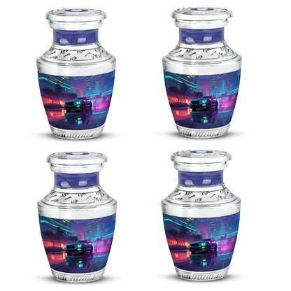 Celestial Blue Car Cremation Urn back view with polished surface - modern art-inspired car motif on sleek aluminum - 10 inch aluminum urn for cremated remains