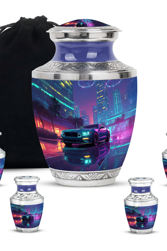 Twilight Blue Car Cremation Urn lifestyle display on memorial shelf - stylized abstract car pattern with bold lines - memorial set with one large and four small urns