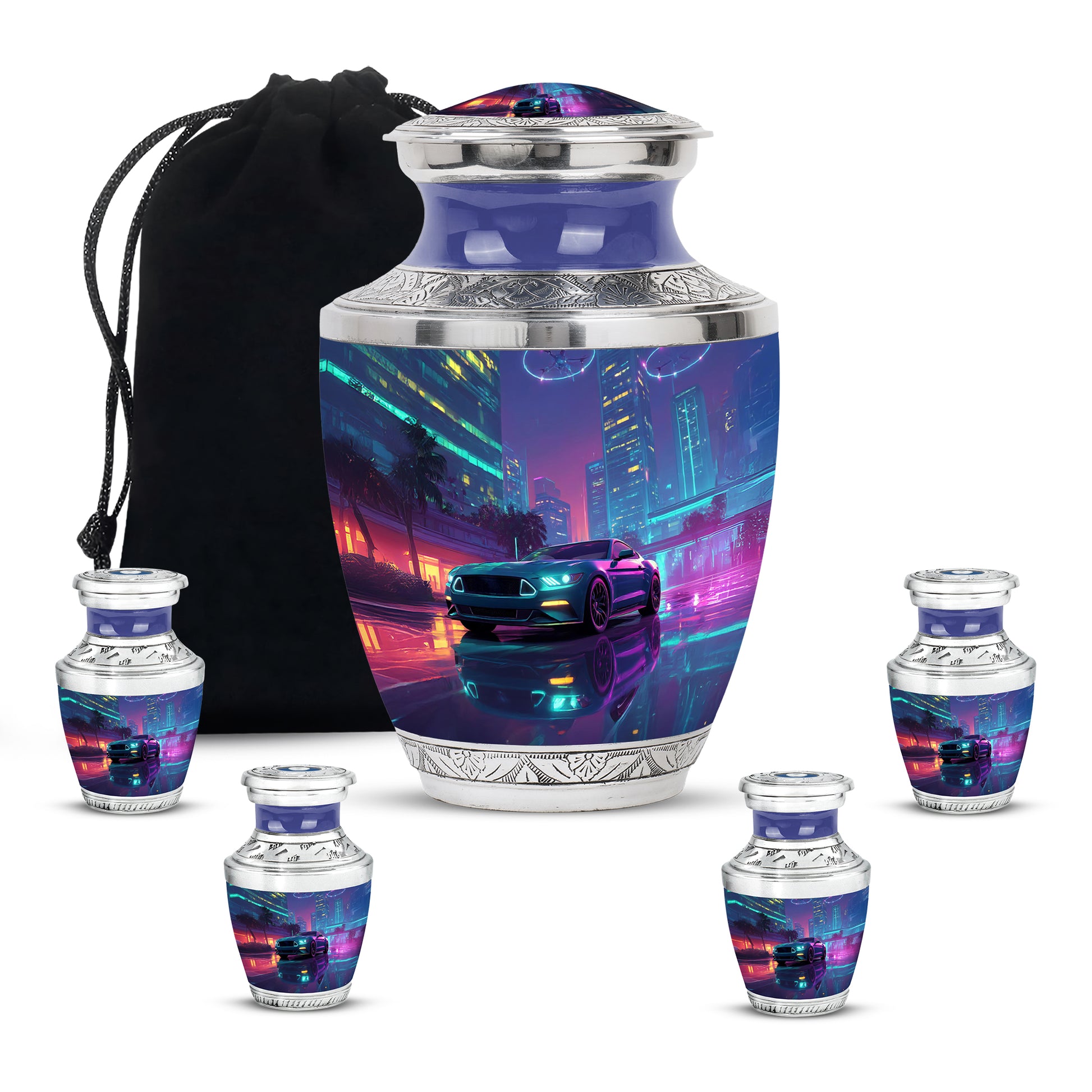 Twilight Blue Car Cremation Urn lifestyle display on memorial shelf - stylized abstract car pattern with bold lines - memorial set with one large and four small urns