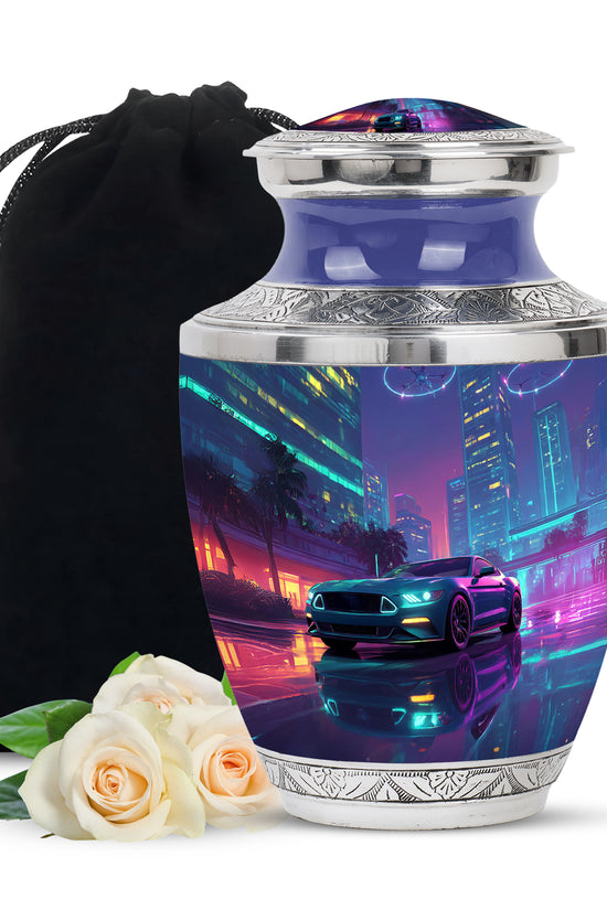 Sapphire Blue Car Cremation Urn side profile showing urn shape - stylized abstract car pattern with bold lines - full-size 10 inch 200 cubic inch adult cremation urn