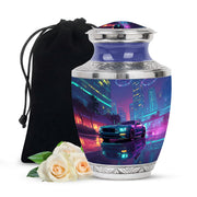 Sapphire Blue Car Cremation Urn side profile showing urn shape - stylized abstract car pattern with bold lines - full-size 10 inch 200 cubic inch adult cremation urn