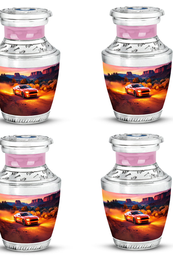 Burgundy Red Car Cremation Urn back view with polished surface - contemporary car design with modern artistic flair - 10 inch aluminum urn for cremated remains