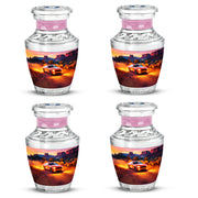 Burgundy Red Car Cremation Urn back view with polished surface - contemporary car design with modern artistic flair - 10 inch aluminum urn for cremated remains