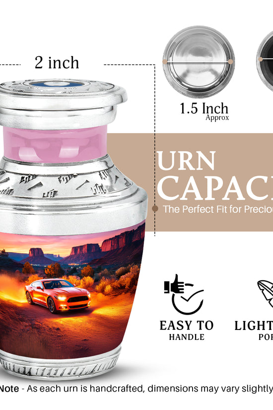Crimson Red Car Cremation Urn top-down view of secure threaded lid - modern art-inspired car motif on sleek aluminum - mini keepsake memorial for portion of cremation ashes