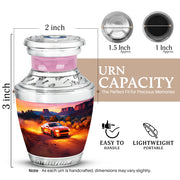 Crimson Red Car Cremation Urn top-down view of secure threaded lid - modern art-inspired car motif on sleek aluminum - mini keepsake memorial for portion of cremation ashes
