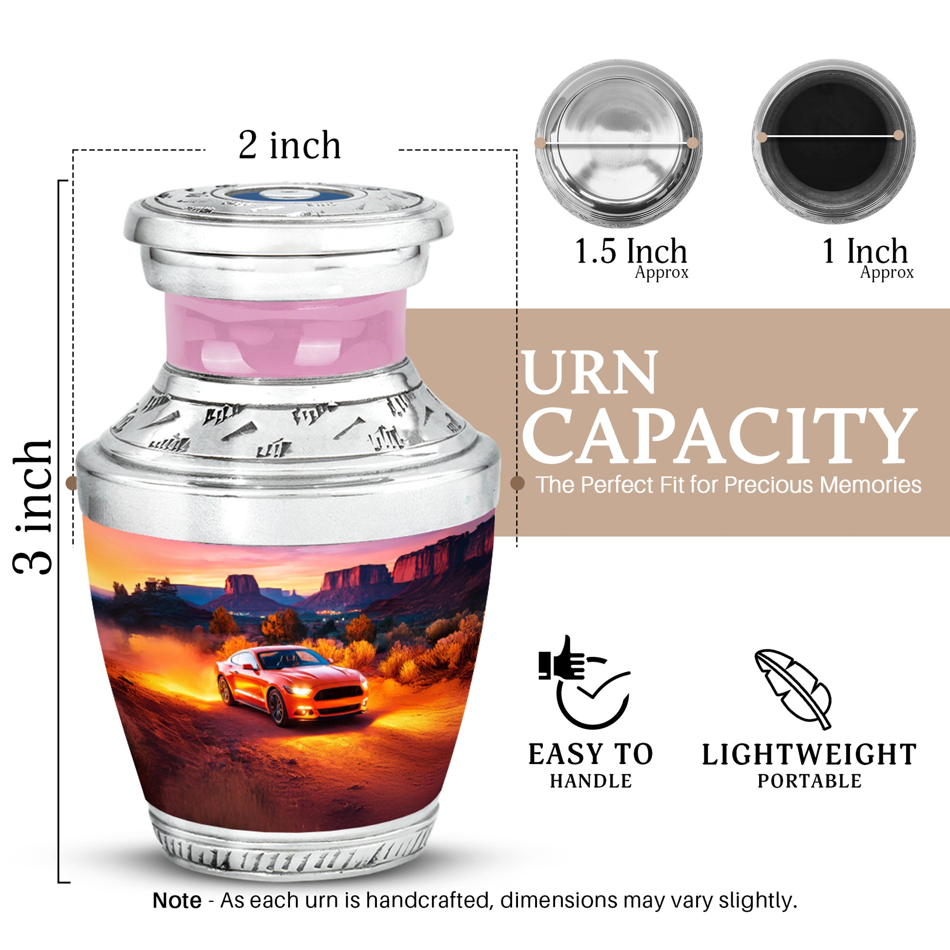 Crimson Red Car Cremation Urn top-down view of secure threaded lid - modern art-inspired car motif on sleek aluminum - mini keepsake memorial for portion of cremation ashes