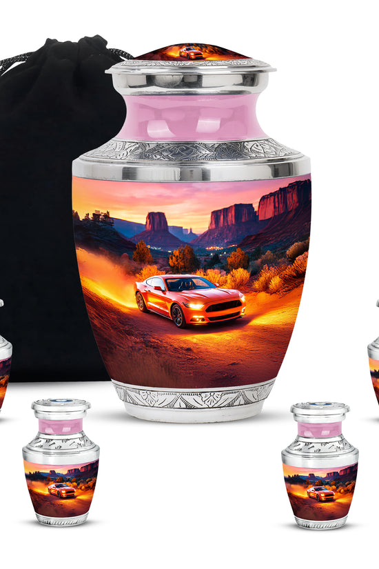 Fiery Red Car Cremation Urn lifestyle display on memorial shelf - stylized abstract car pattern with bold lines - memorial set with one large and four small urns