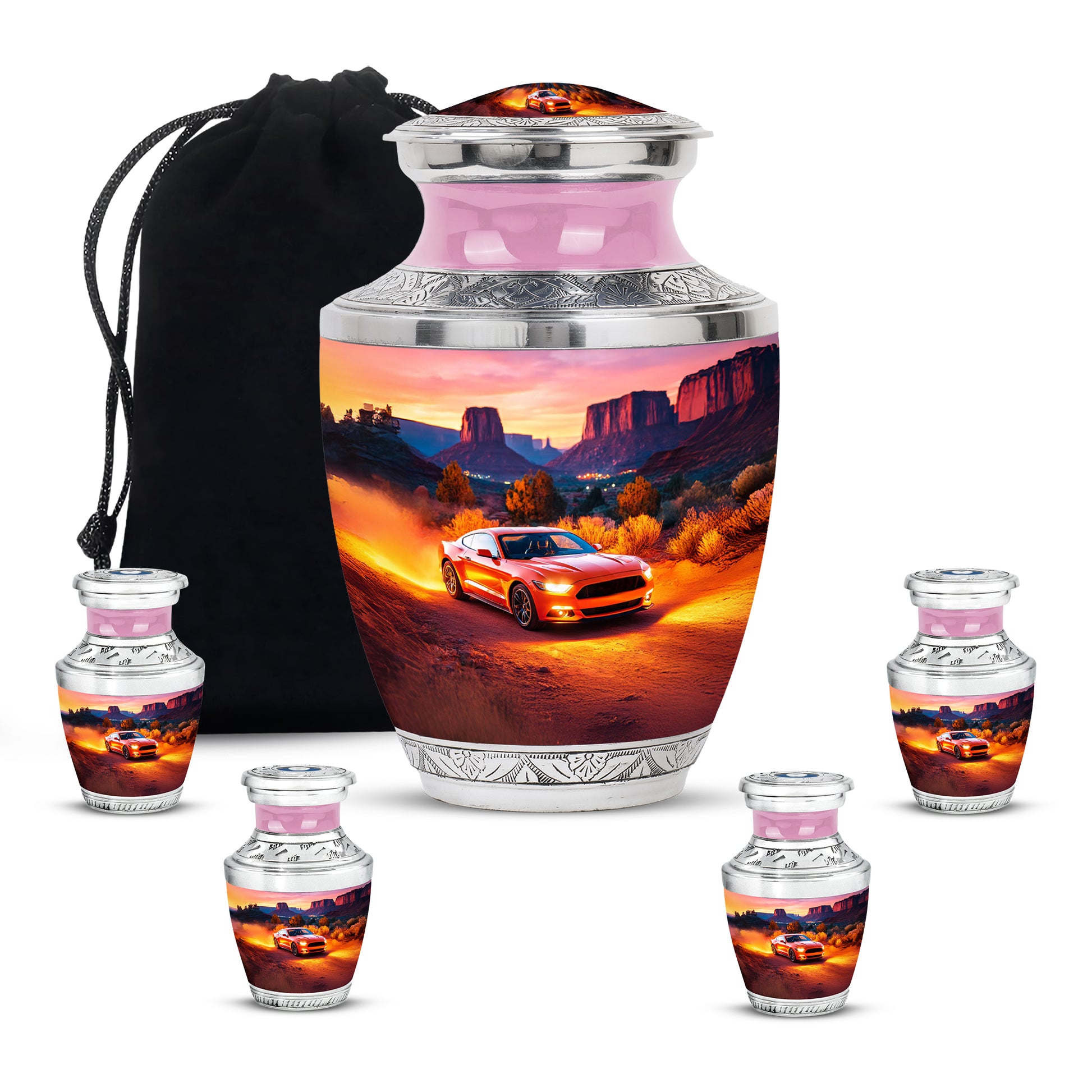Fiery Red Car Cremation Urn lifestyle display on memorial shelf - stylized abstract car pattern with bold lines - memorial set with one large and four small urns