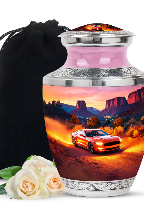 Deep Red Car Cremation Urn side profile showing urn shape - contemporary car design with modern artistic flair - full-size 10 inch 200 cubic inch adult cremation urn