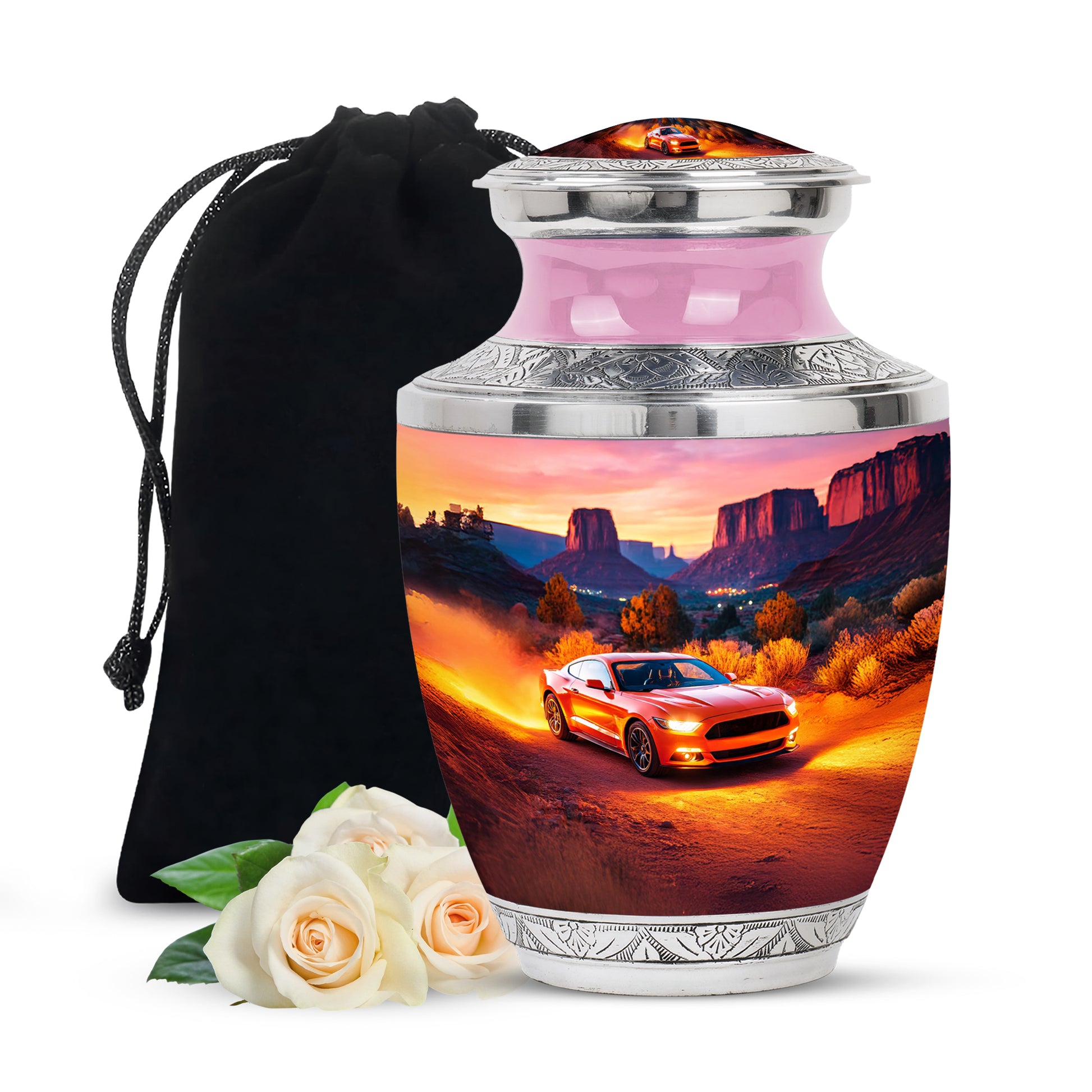 Deep Red Car Cremation Urn side profile showing urn shape - contemporary car design with modern artistic flair - full-size 10 inch 200 cubic inch adult cremation urn