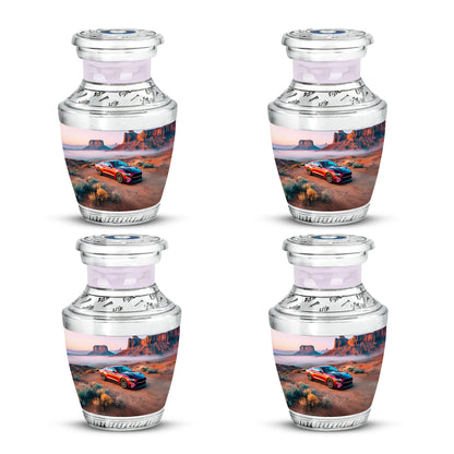 Polished Silver Car Cremation Urn back view with polished surface - artistic car interpretation with creative detail - 10 inch aluminum urn for cremated remains