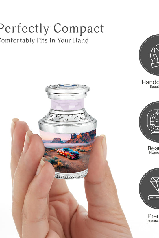 Gleaming Silver Car Cremation Urn top-down view of secure threaded lid - contemporary car design with modern artistic flair - mini keepsake memorial for portion of cremation ashes
