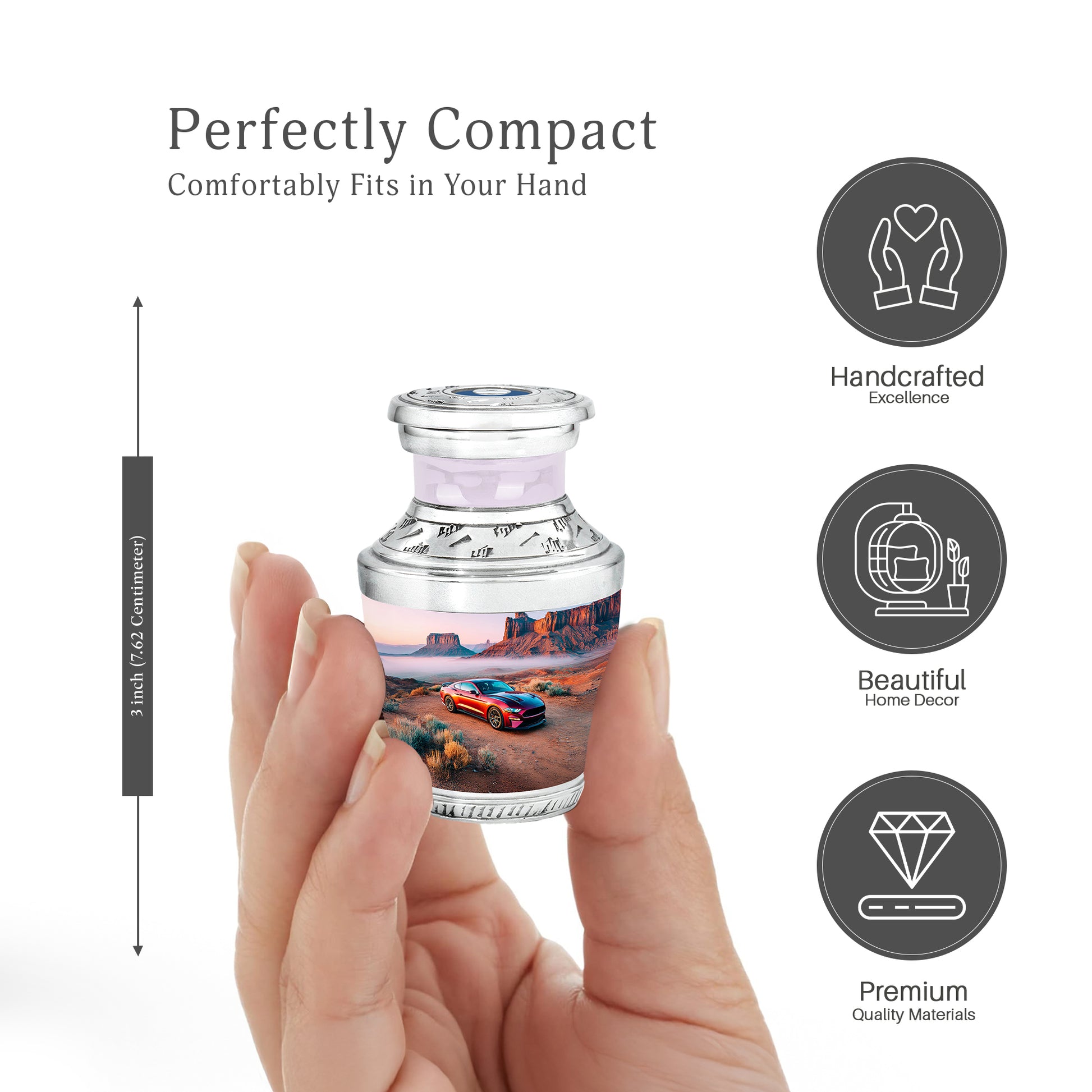 Gleaming Silver Car Cremation Urn top-down view of secure threaded lid - contemporary car design with modern artistic flair - mini keepsake memorial for portion of cremation ashes