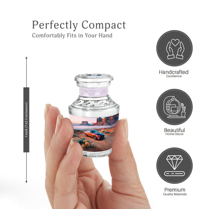 Gleaming Silver Car Cremation Urn top-down view of secure threaded lid - contemporary car design with modern artistic flair - mini keepsake memorial for portion of cremation ashes