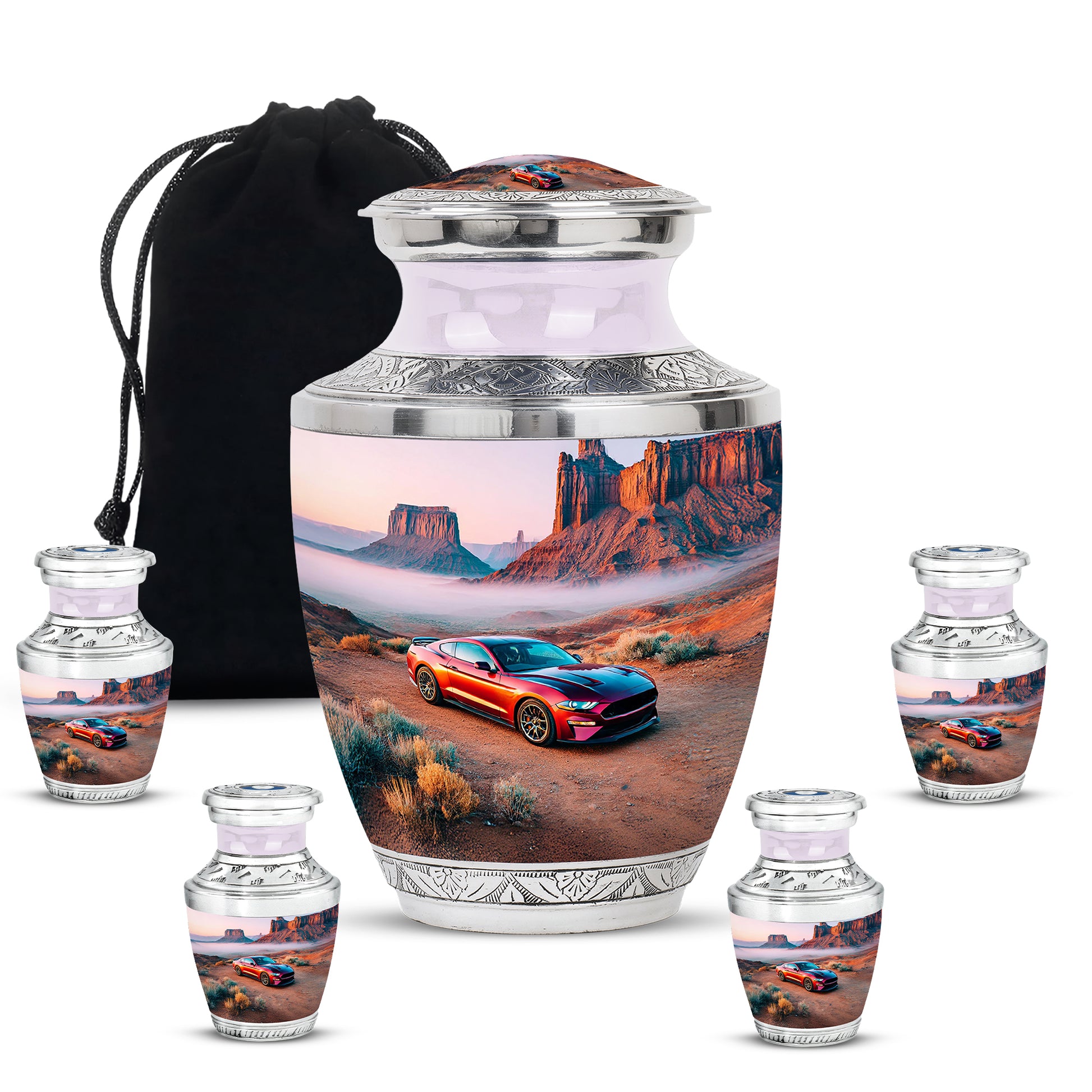 Polished Silver Car Cremation Urn lifestyle display on memorial shelf - stylized abstract car pattern with bold lines - memorial set with one large and four small urns