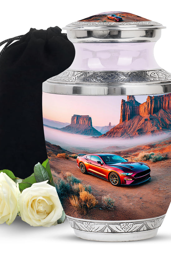 Satin Silver Car Cremation Urn side profile showing urn shape - contemporary car design with modern artistic flair - full-size 10 inch 200 cubic inch adult cremation urn