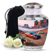 Satin Silver Car Cremation Urn side profile showing urn shape - contemporary car design with modern artistic flair - full-size 10 inch 200 cubic inch adult cremation urn