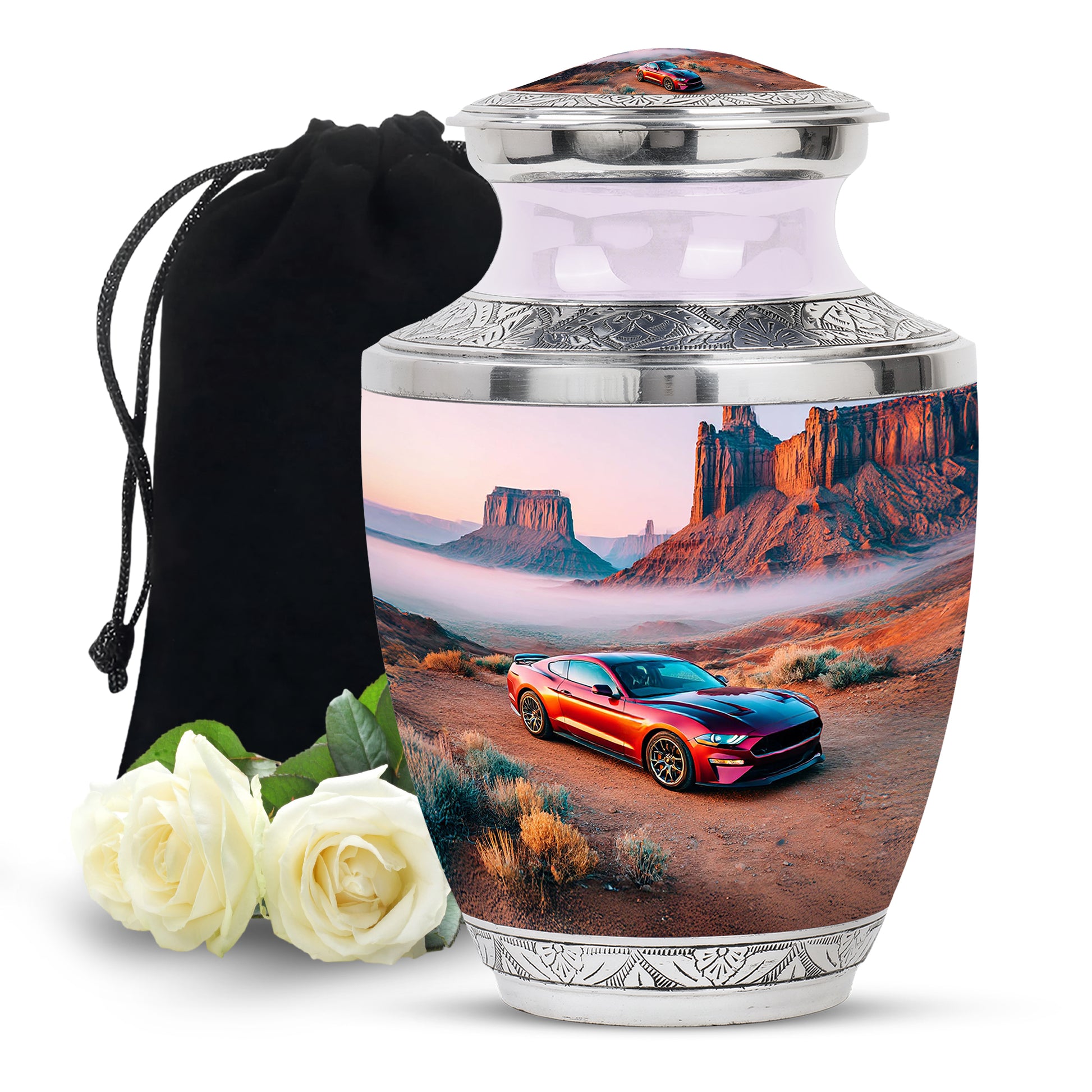 Satin Silver Car Cremation Urn side profile showing urn shape - contemporary car design with modern artistic flair - full-size 10 inch 200 cubic inch adult cremation urn
