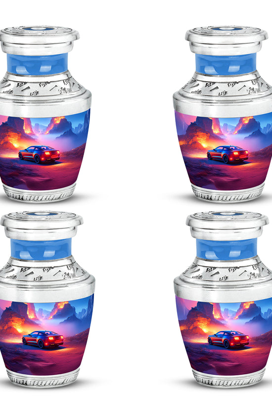 Calming Blue Car Cremation Urn back view with polished surface - artistic car interpretation with creative detail - 10 inch aluminum urn for cremated remains