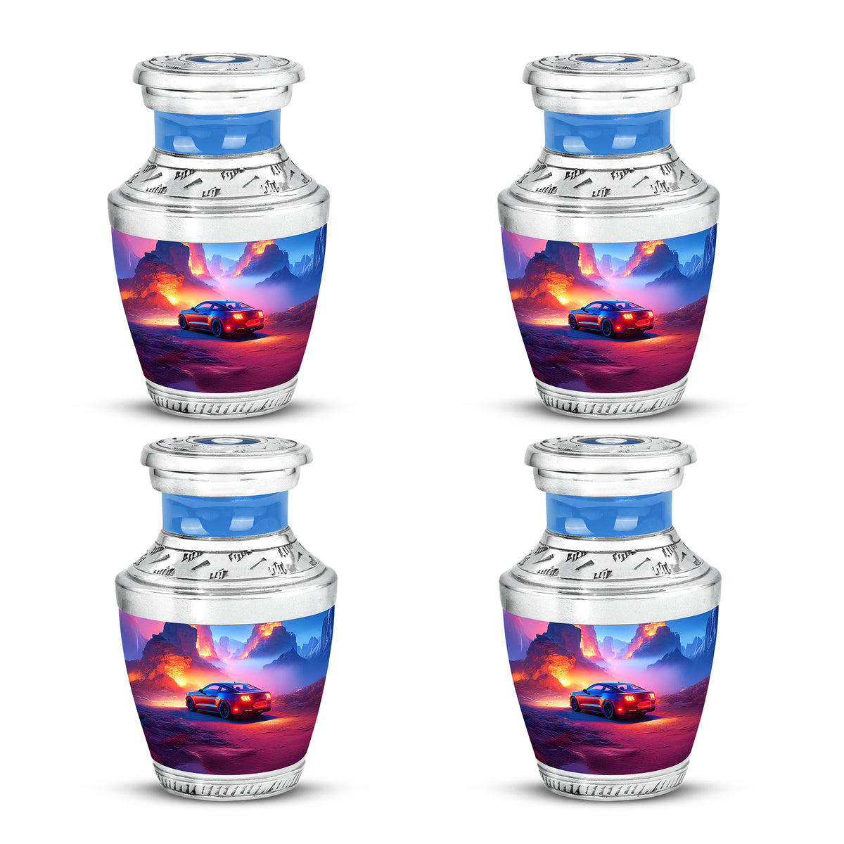 Calming Blue Car Cremation Urn back view with polished surface - artistic car interpretation with creative detail - 10 inch aluminum urn for cremated remains