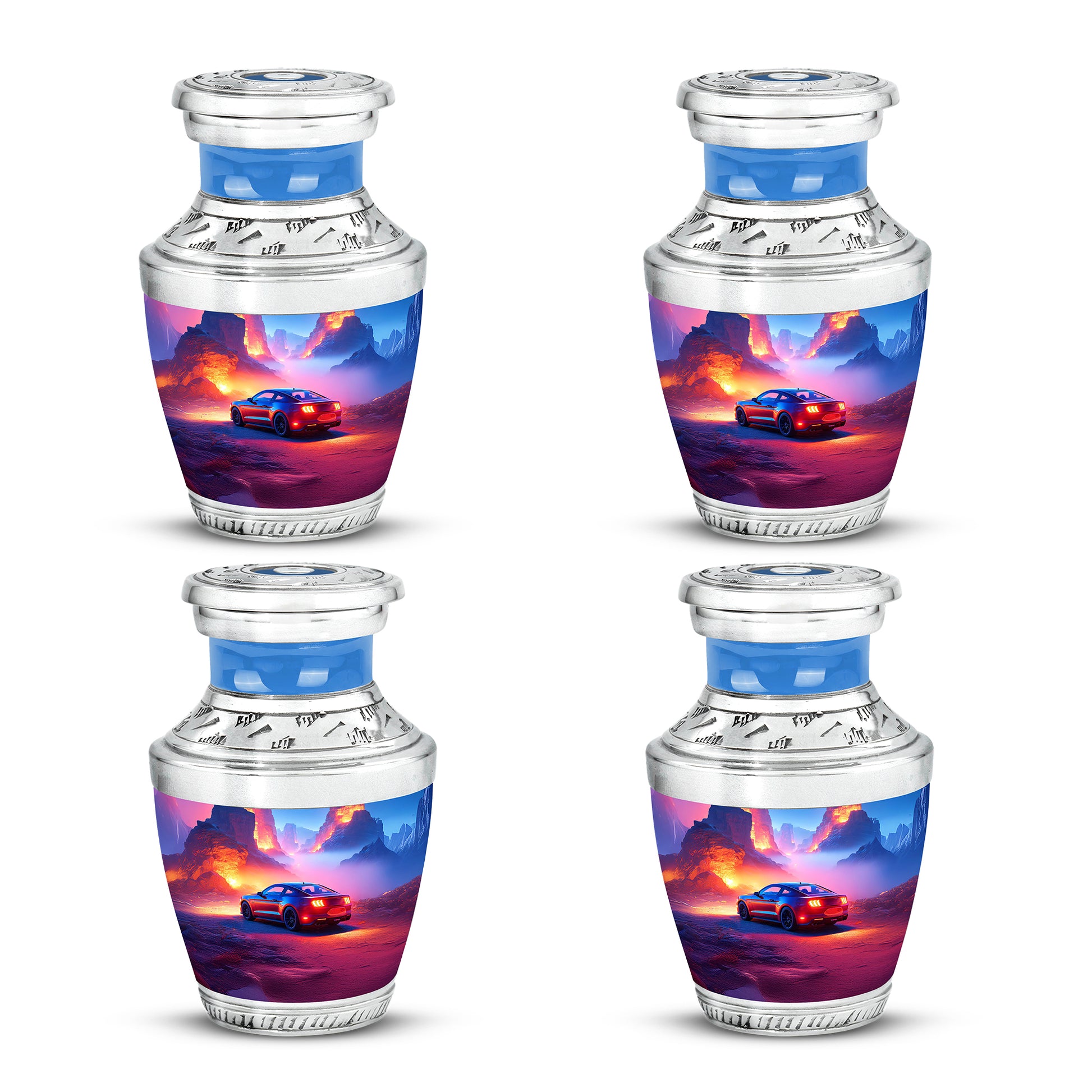 Calming Blue Car Cremation Urn back view with polished surface - artistic car interpretation with creative detail - 10 inch aluminum urn for cremated remains