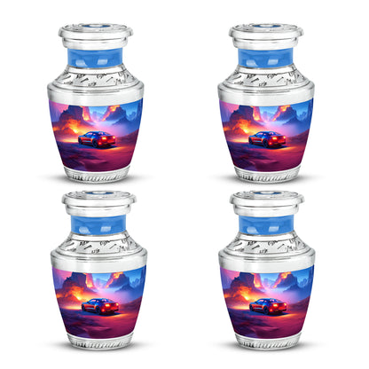Calming Blue Car Cremation Urn back view with polished surface - artistic car interpretation with creative detail - 10 inch aluminum urn for cremated remains