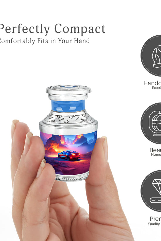 Slate Blue Car Cremation Urn top-down view of secure threaded lid - contemporary car design with modern artistic flair - mini keepsake memorial for portion of cremation ashes