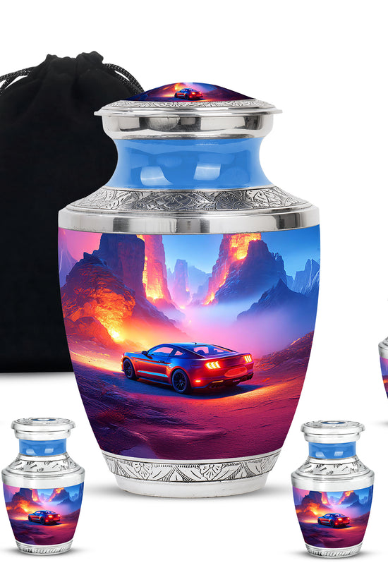 Azure Car Cremation Urn lifestyle display on memorial shelf - contemporary car design with modern artistic flair - memorial set with one large and four small urns