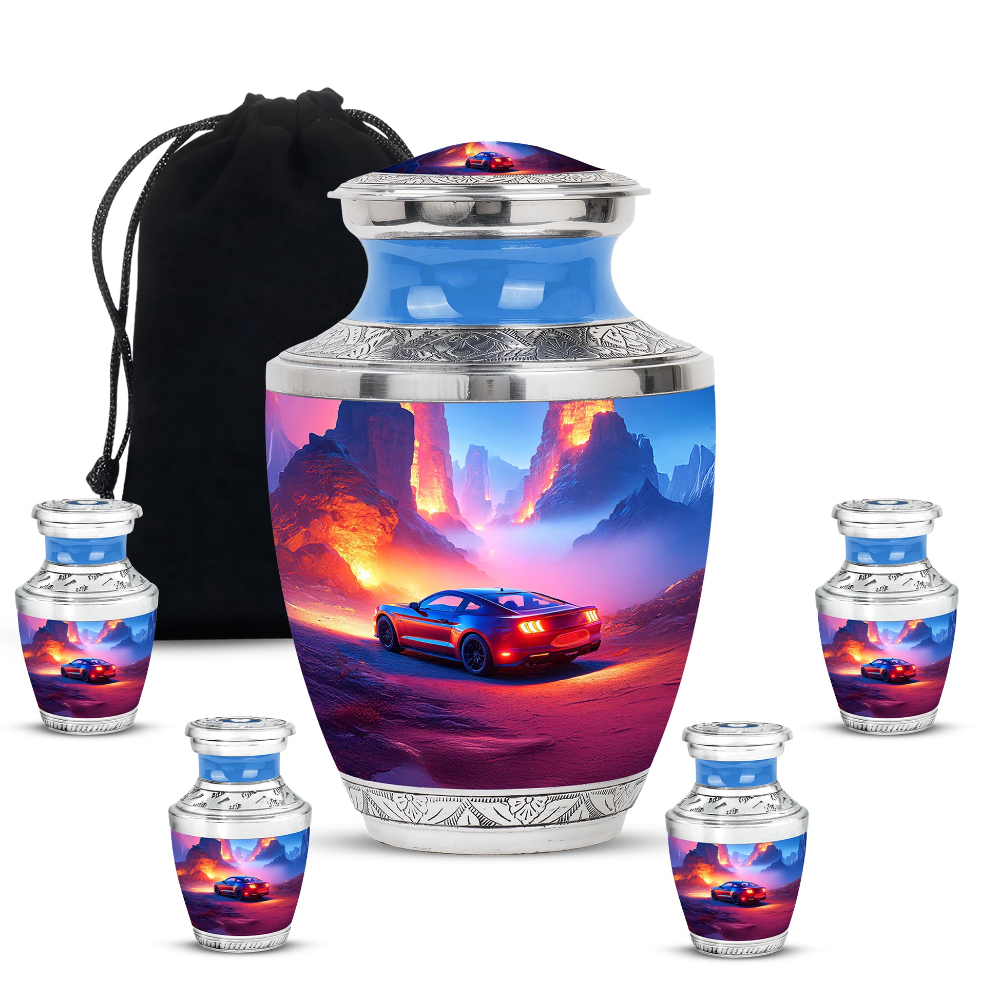 Azure Car Cremation Urn lifestyle display on memorial shelf - contemporary car design with modern artistic flair - memorial set with one large and four small urns