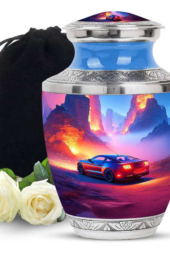 Soft Blue Car Cremation Urn side profile showing urn shape - stylized abstract car pattern with bold lines - full-size 10 inch 200 cubic inch adult cremation urn