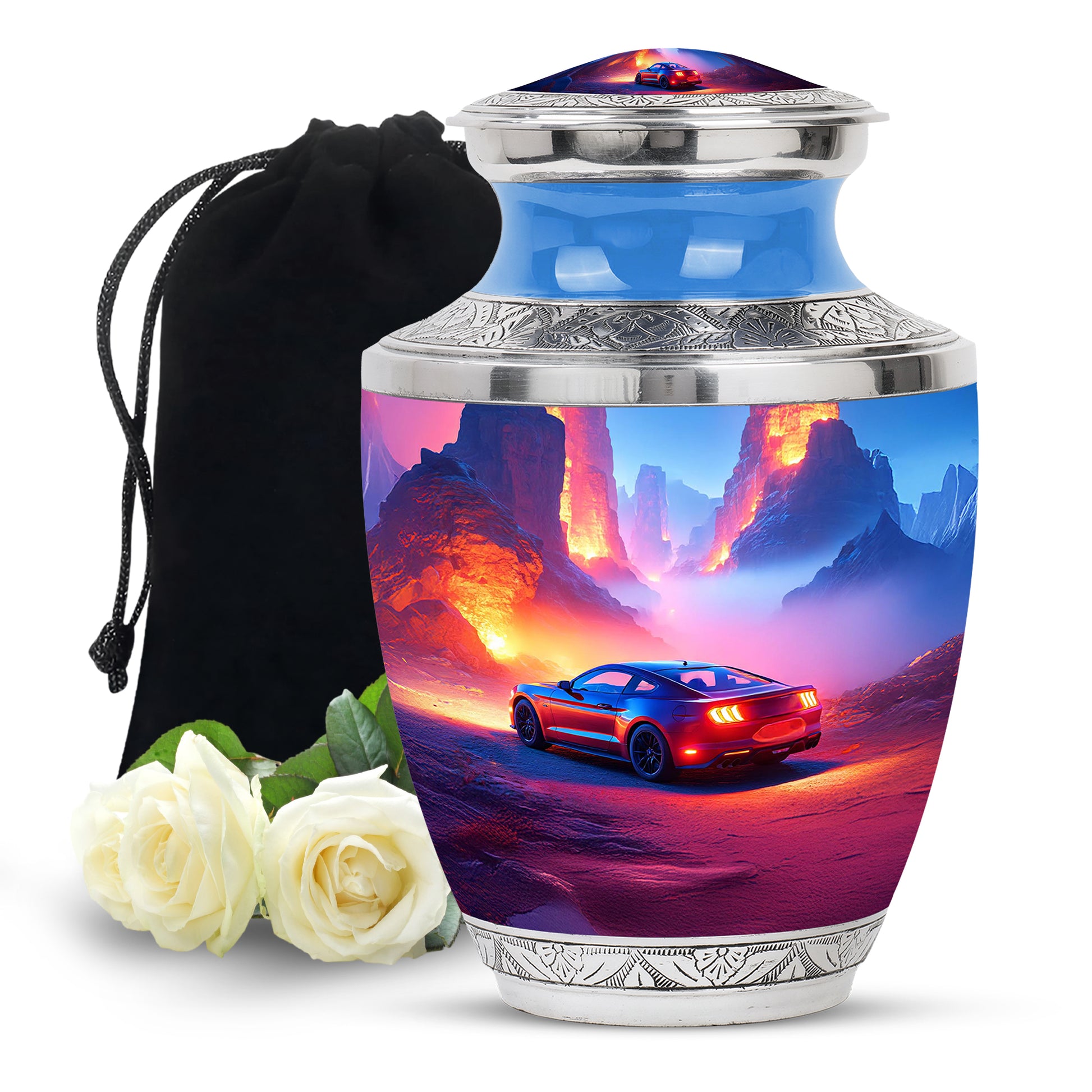 Soft Blue Car Cremation Urn side profile showing urn shape - stylized abstract car pattern with bold lines - full-size 10 inch 200 cubic inch adult cremation urn