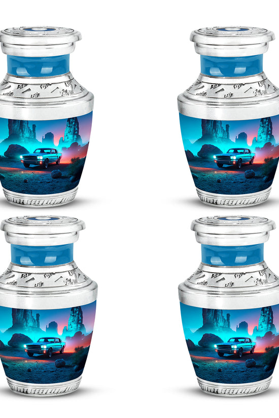 Cornflower Blue Car Cremation Urn back view with polished surface - artistic car interpretation with creative detail - 10 inch aluminum urn for cremated remains
