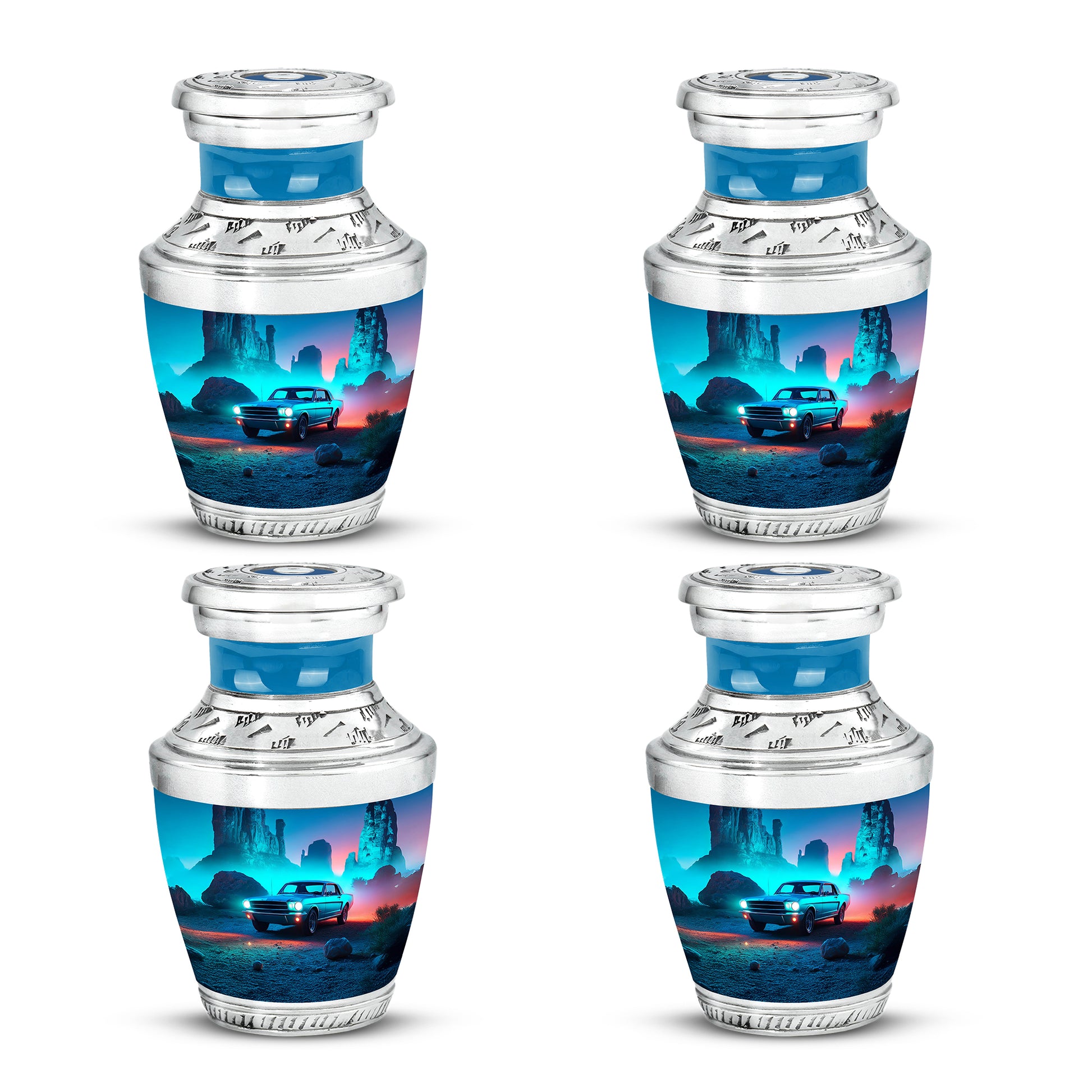 Cornflower Blue Car Cremation Urn back view with polished surface - artistic car interpretation with creative detail - 10 inch aluminum urn for cremated remains
