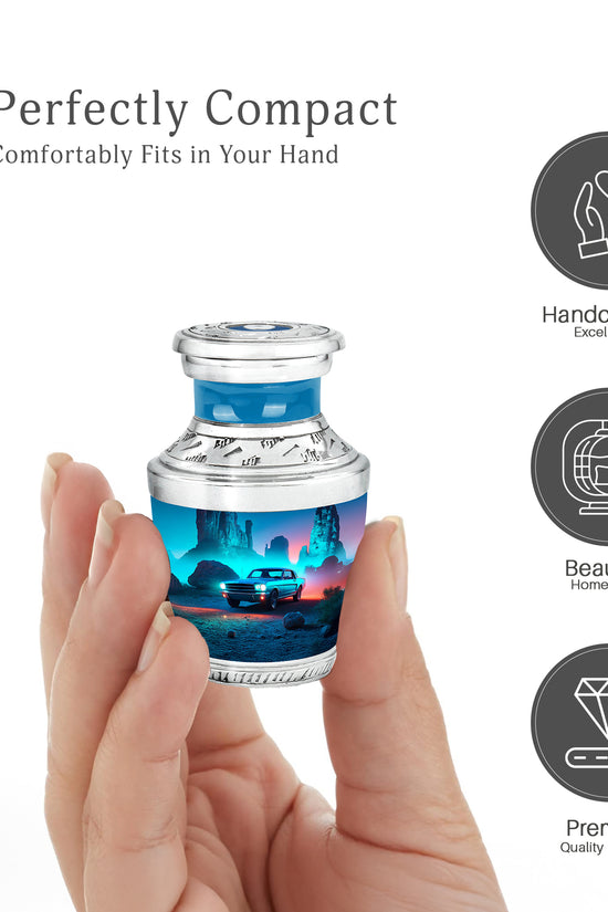 Misty Blue Car Cremation Urn top-down view of secure threaded lid - contemporary car design with modern artistic flair - mini keepsake memorial for portion of cremation ashes