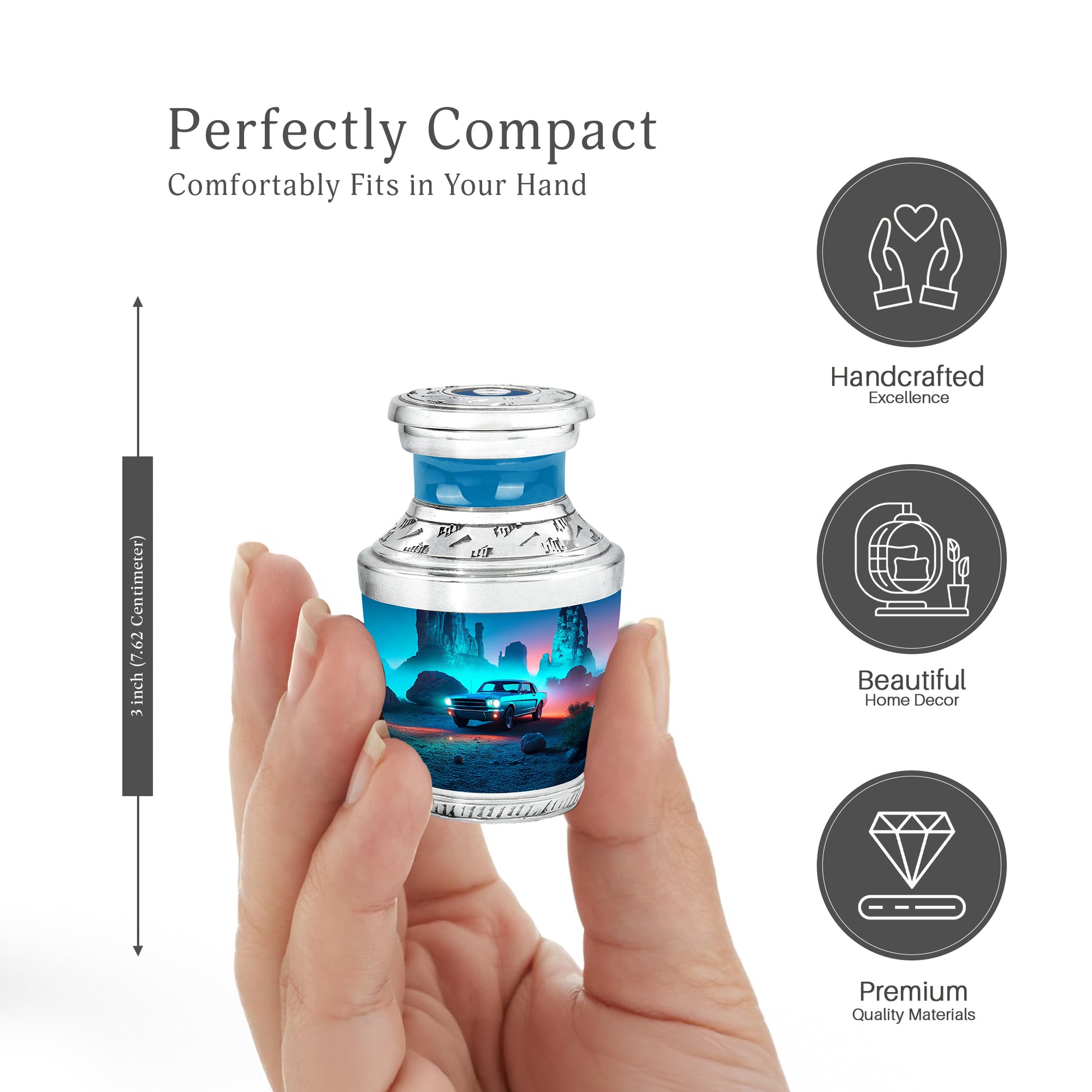 Misty Blue Car Cremation Urn top-down view of secure threaded lid - contemporary car design with modern artistic flair - mini keepsake memorial for portion of cremation ashes