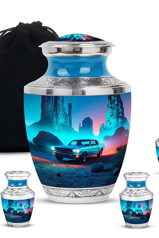 Dusty Blue Car Cremation Urn lifestyle display on memorial shelf - modern art-inspired car motif on sleek aluminum - memorial set with one large and four small urns
