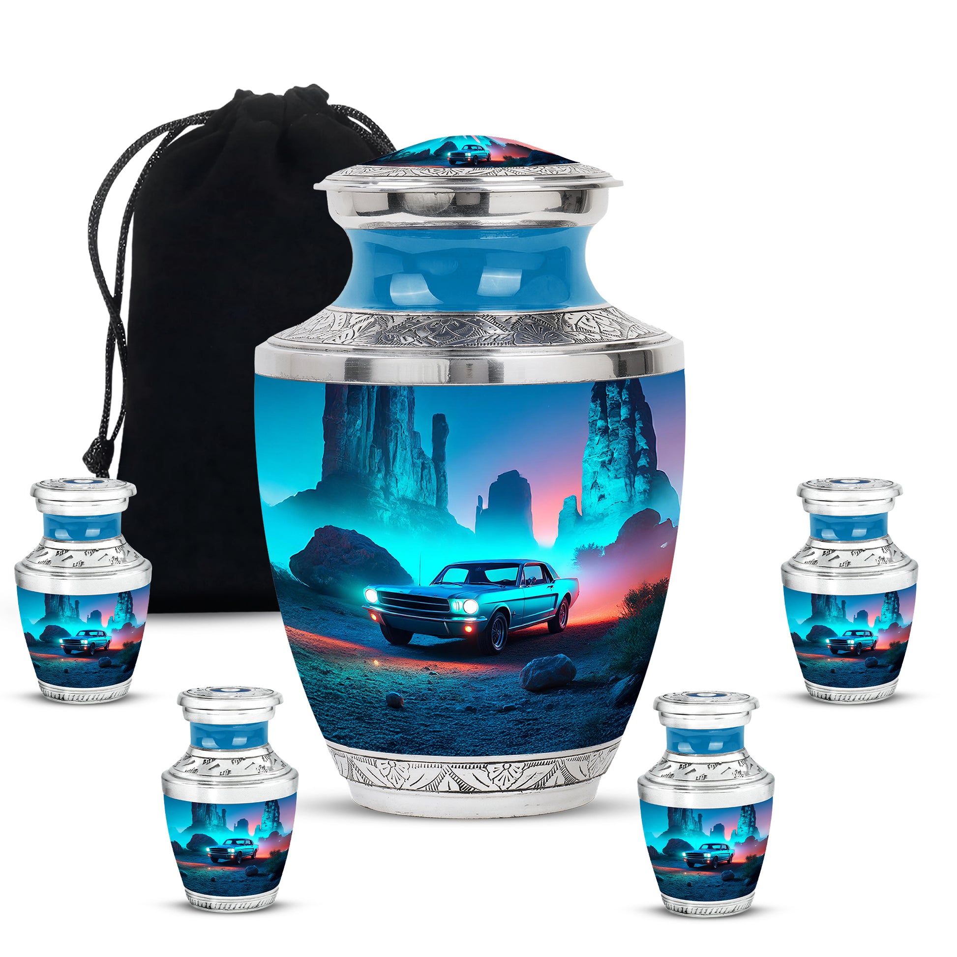 Dusty Blue Car Cremation Urn lifestyle display on memorial shelf - modern art-inspired car motif on sleek aluminum - memorial set with one large and four small urns