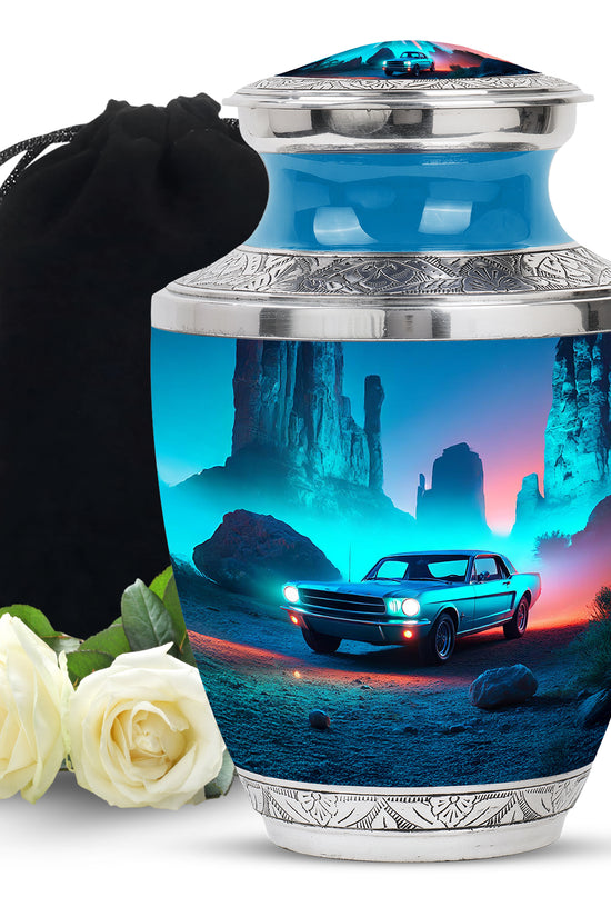 Cobalt Blue Car Cremation Urn side profile showing urn shape - stylized abstract car pattern with bold lines - full-size 10 inch 200 cubic inch adult cremation urn
