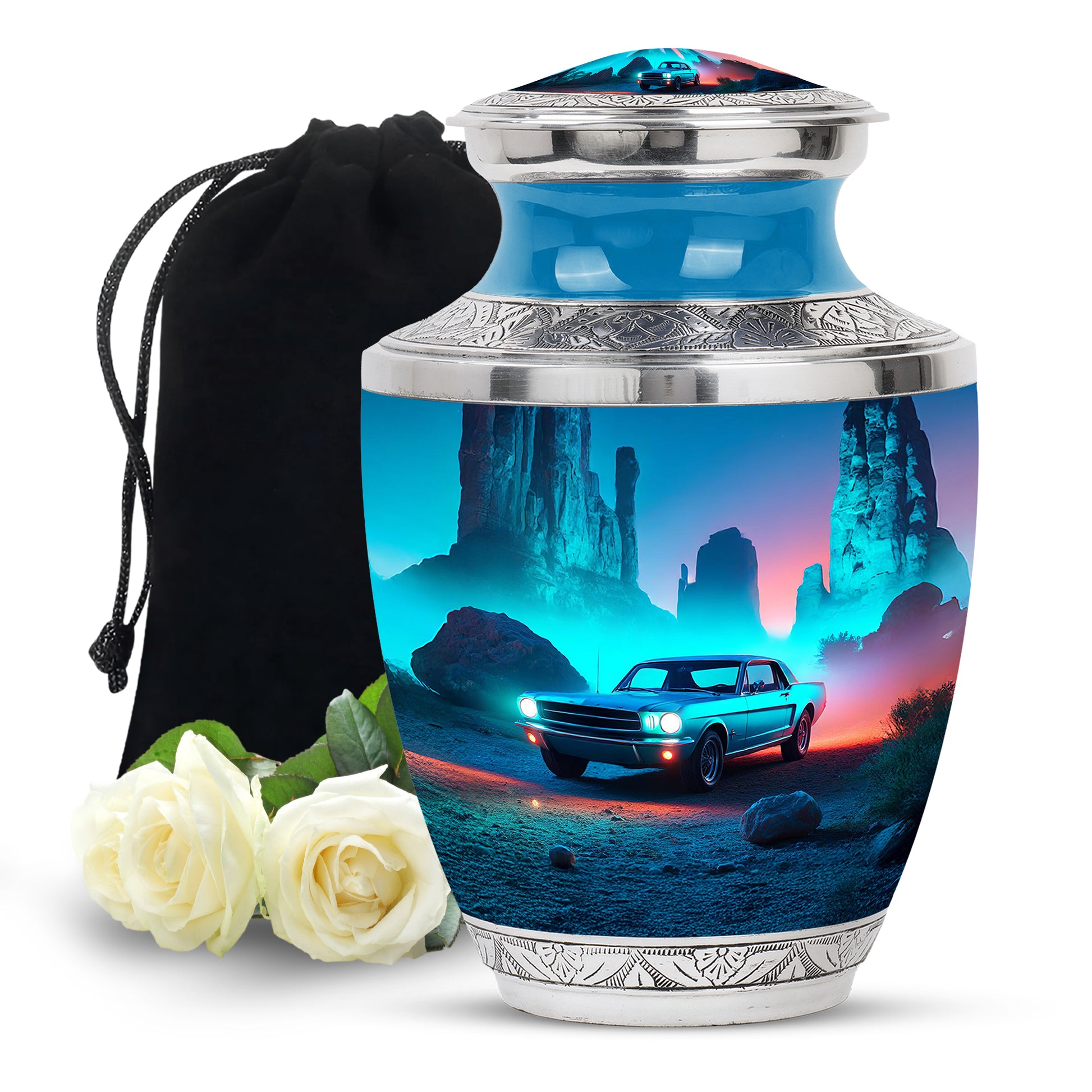Cobalt Blue Car Cremation Urn side profile showing urn shape - stylized abstract car pattern with bold lines - full-size 10 inch 200 cubic inch adult cremation urn