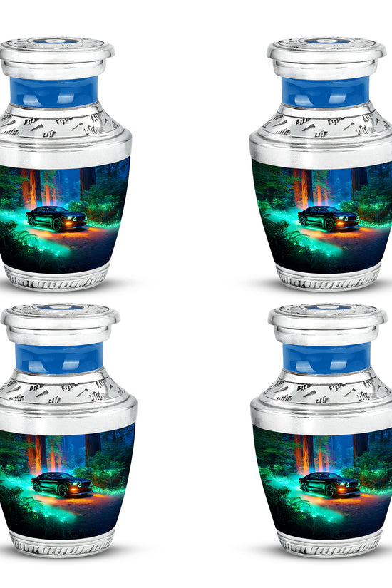 Celestial Blue Car Cremation Urn back view with polished surface - modern art-inspired car motif on sleek aluminum - 10 inch aluminum urn for cremated remains