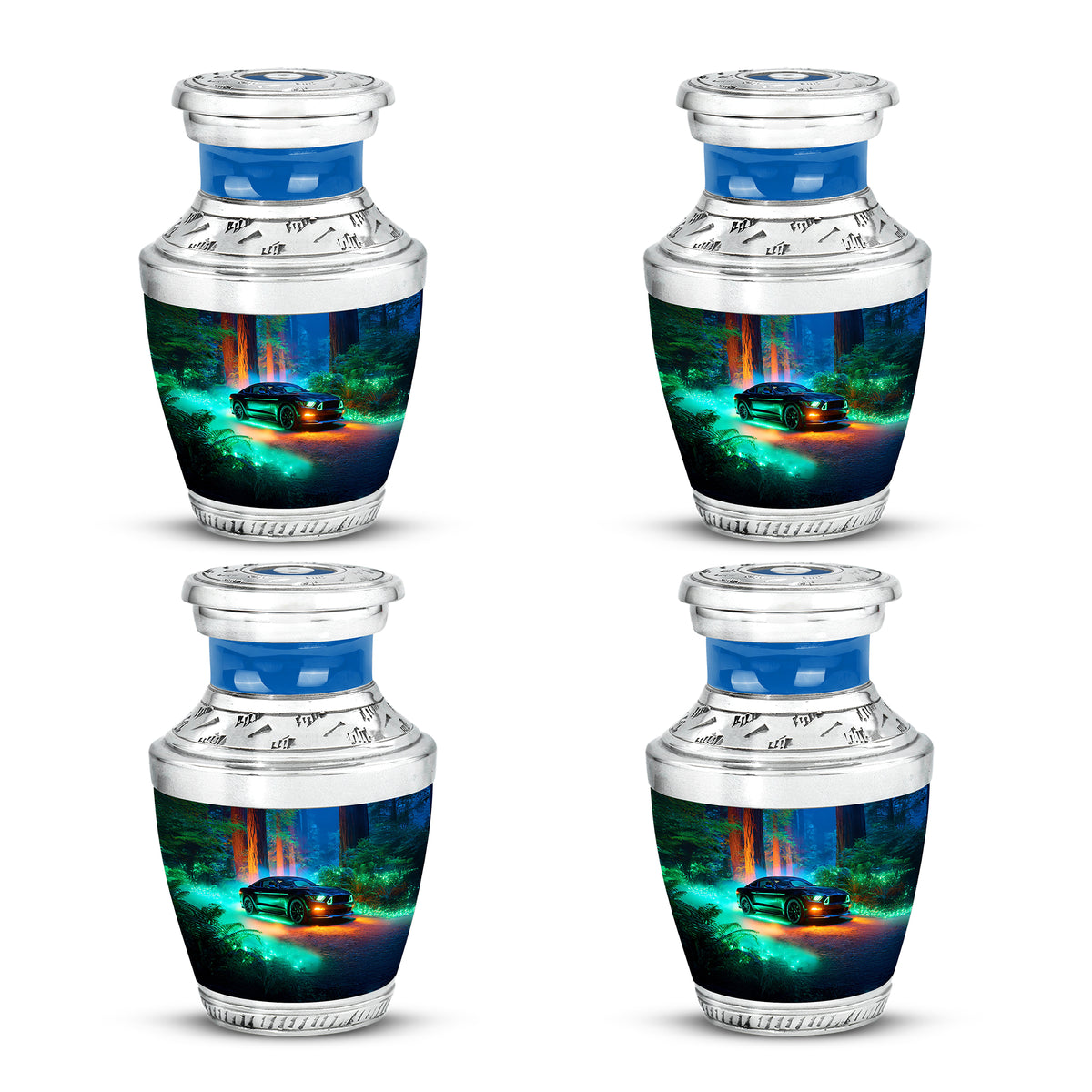 Celestial Blue Car Cremation Urn back view with polished surface - modern art-inspired car motif on sleek aluminum - 10 inch aluminum urn for cremated remains