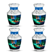 Celestial Blue Car Cremation Urn back view with polished surface - modern art-inspired car motif on sleek aluminum - 10 inch aluminum urn for cremated remains