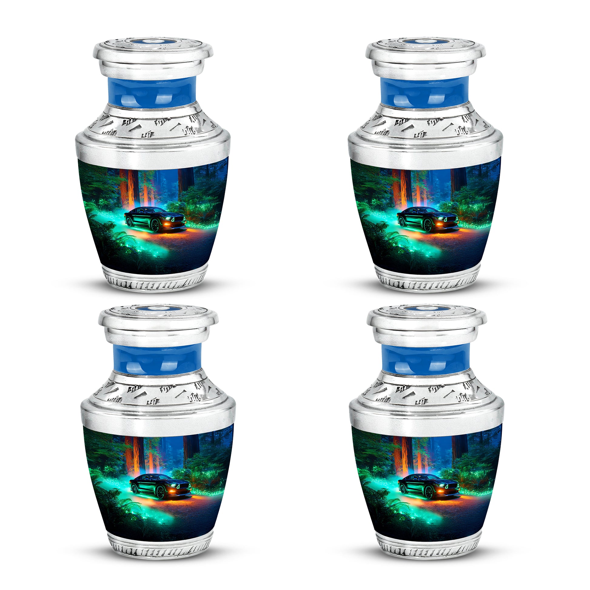 Celestial Blue Car Cremation Urn back view with polished surface - modern art-inspired car motif on sleek aluminum - 10 inch aluminum urn for cremated remains