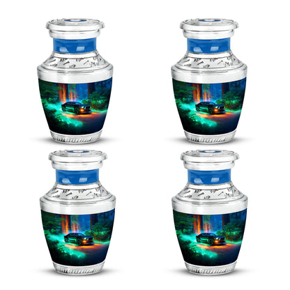 Celestial Blue Car Cremation Urn back view with polished surface - modern art-inspired car motif on sleek aluminum - 10 inch aluminum urn for cremated remains