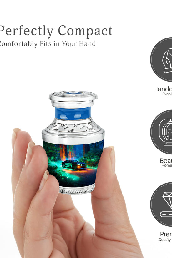 Slate Blue Car Cremation Urn top-down view of secure threaded lid - modern art-inspired car motif on sleek aluminum - mini keepsake memorial for portion of cremation ashes