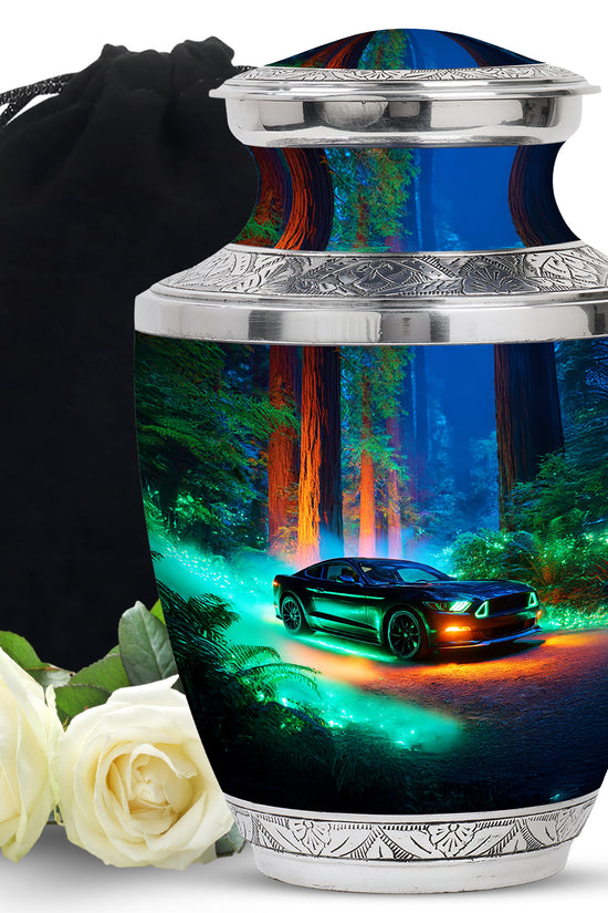 Black Car Urn For Funeral Ashes - Neon Green Forest Funeral Urn