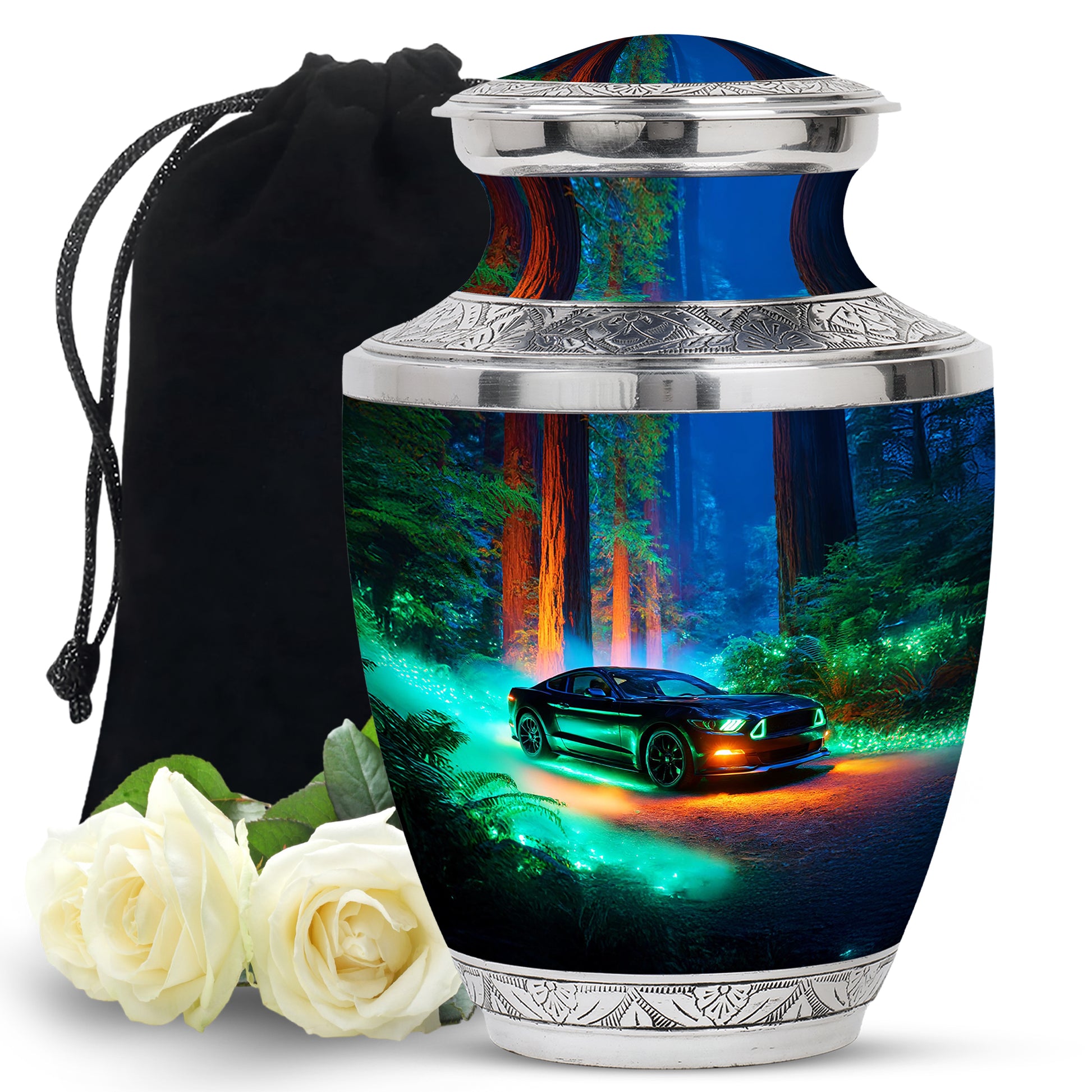Black Car Urn For Funeral Ashes - Neon Green Forest Funeral Urn